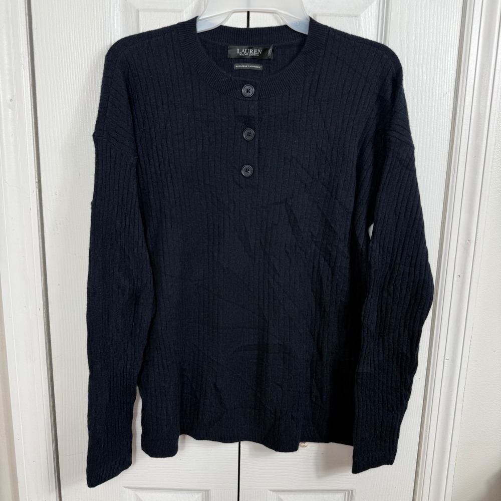 Lauren Ralph Lauren Sweater Women S 100 Cashmere Navy Ribbed Henley Quiet Luxury